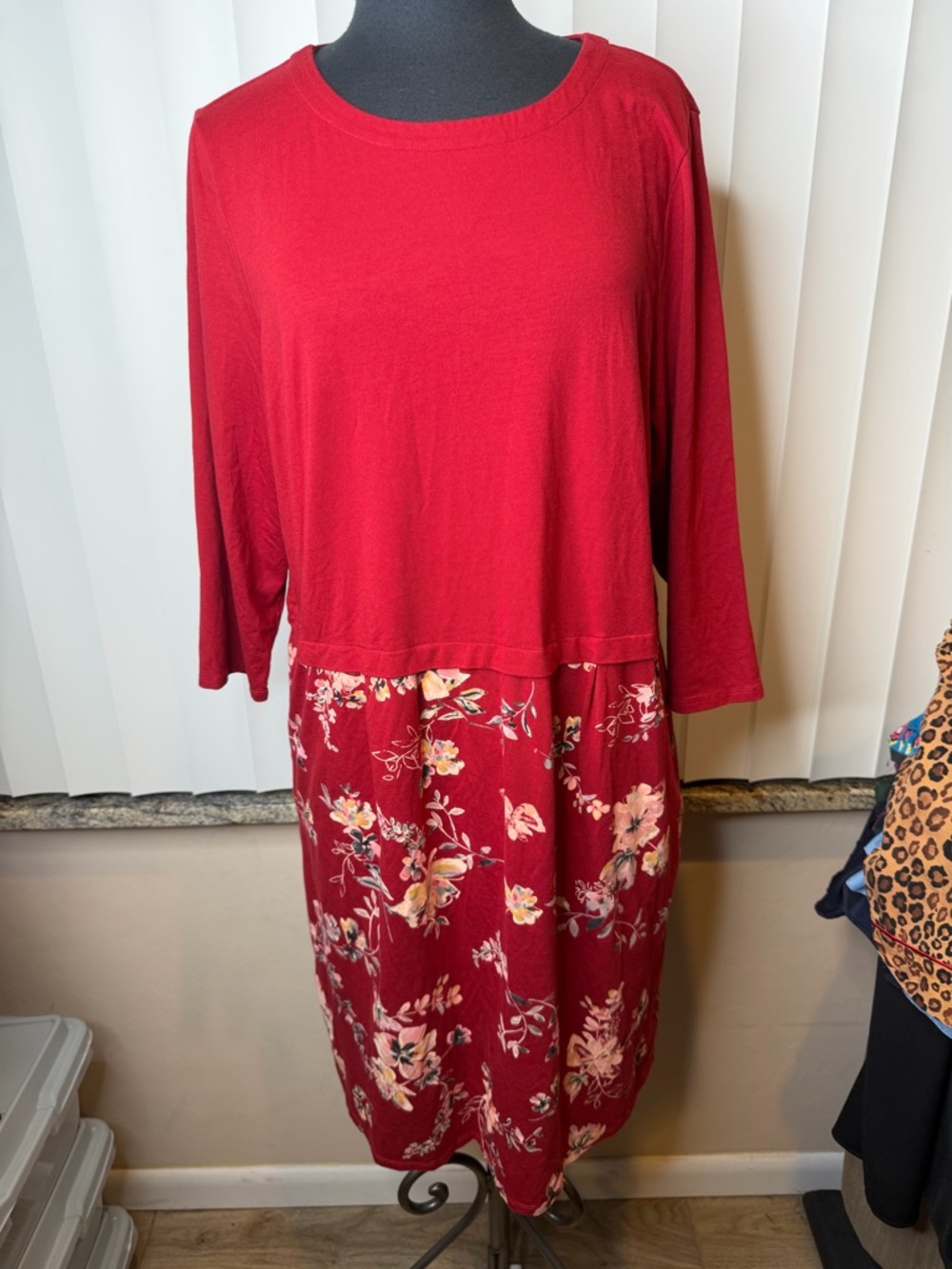 J. Jill Combo Solid Brick Red Top A Floral Patterned Skirt Lagenlook Dress Sz Xl